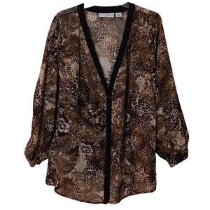 Sag Harbor Womens Brown Black Paisley Floral Sheer Swim Coverup 1X
